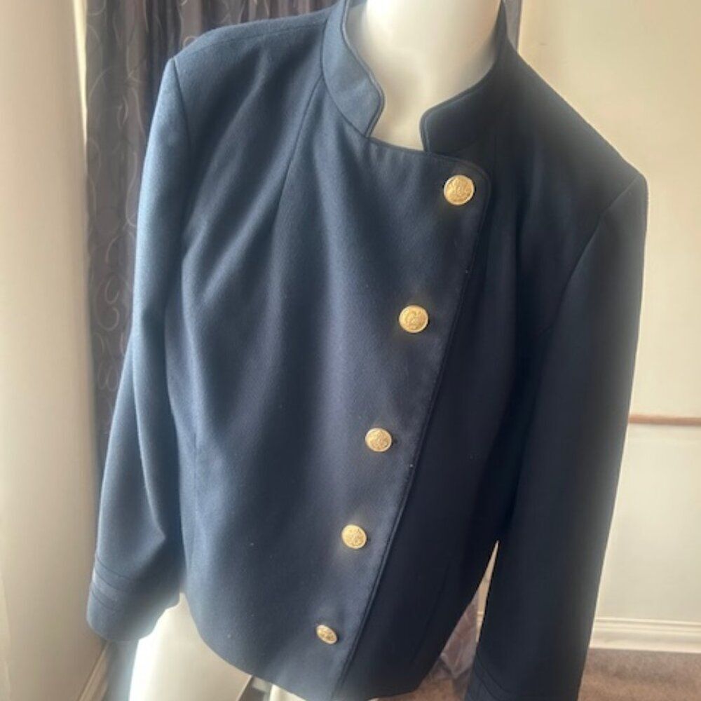 Loft Navy Blue High neck 5 Gold tone button front blazer, size 14